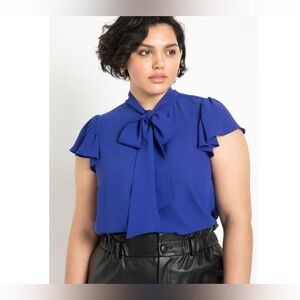 Eloquii | Royal Flutter Sleeve Tie Neck Blouse